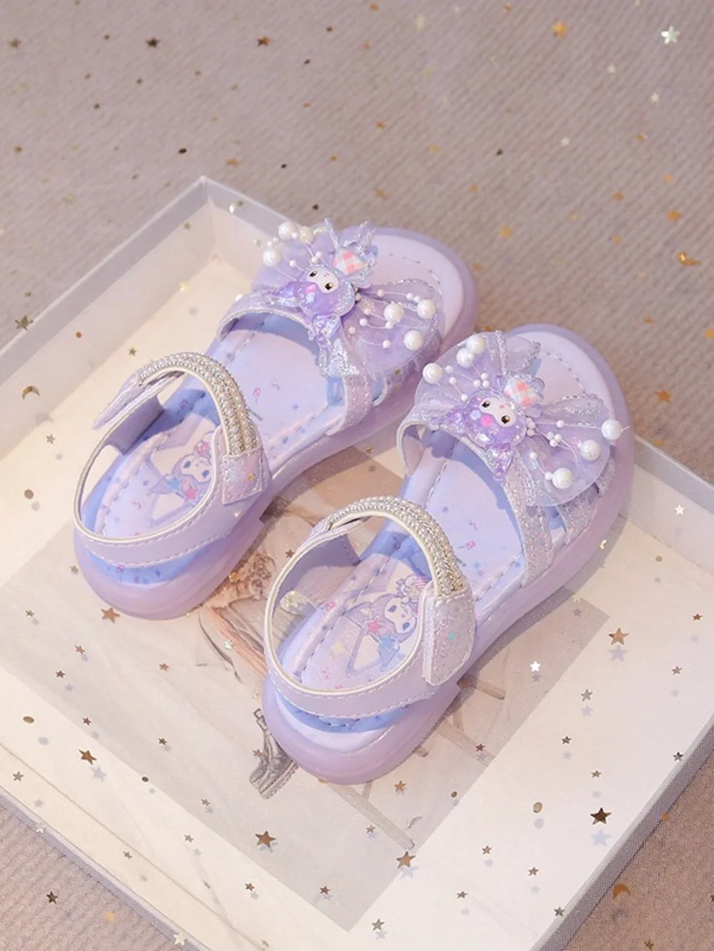 Cute Purple Girls' Bow Sandals with Pearls - Kids Shoes